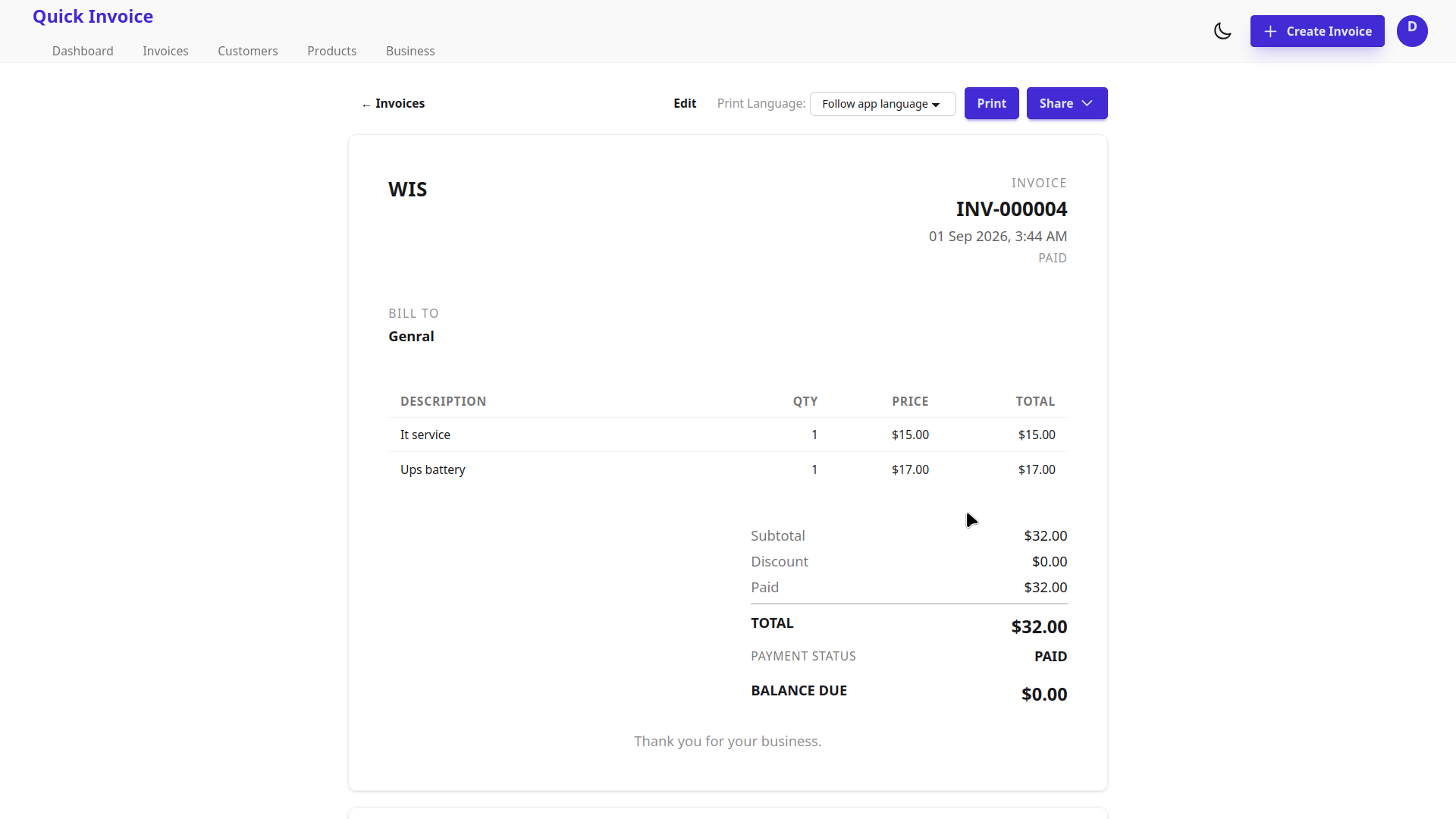 Create Invoice form