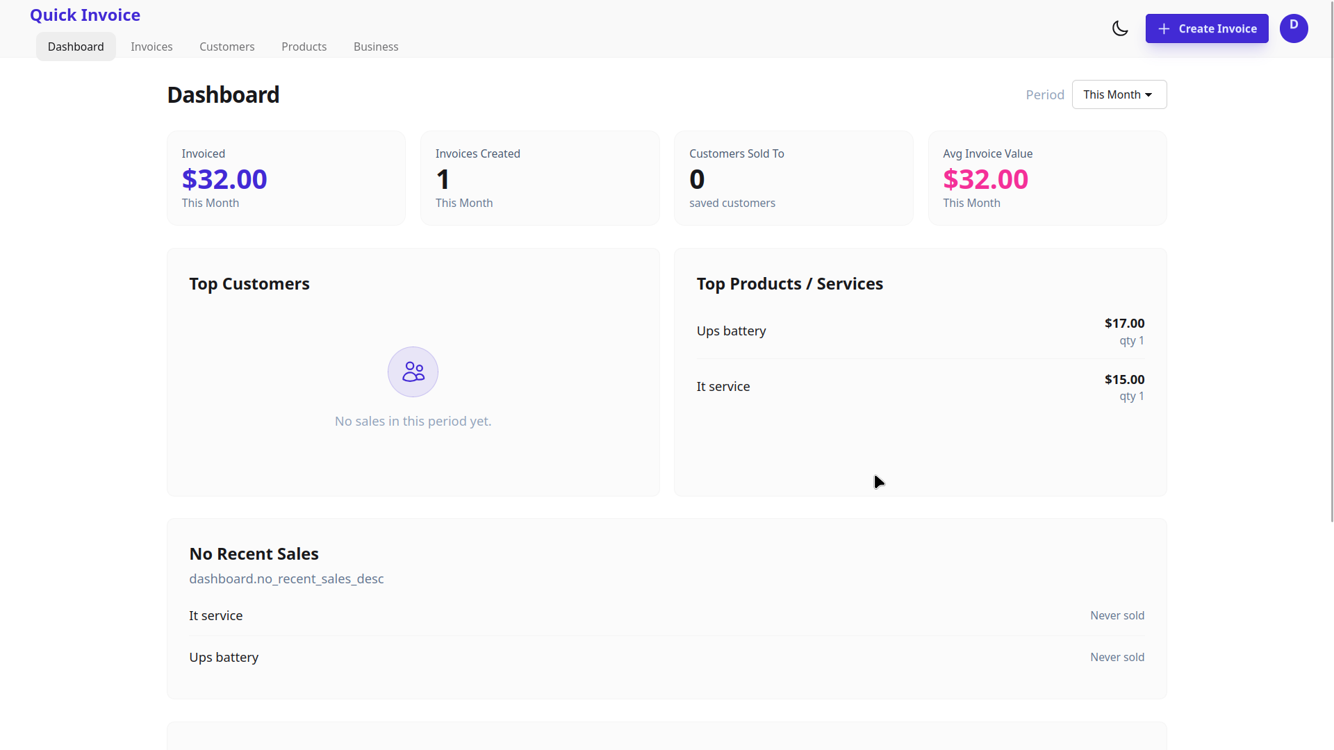 Quick Invoice — professional invoice view
