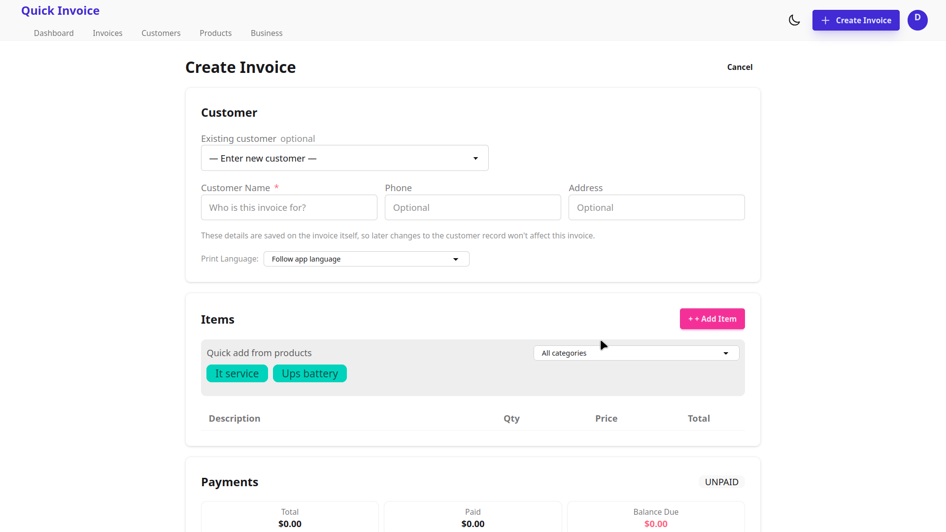 Print preview of a professional invoice
