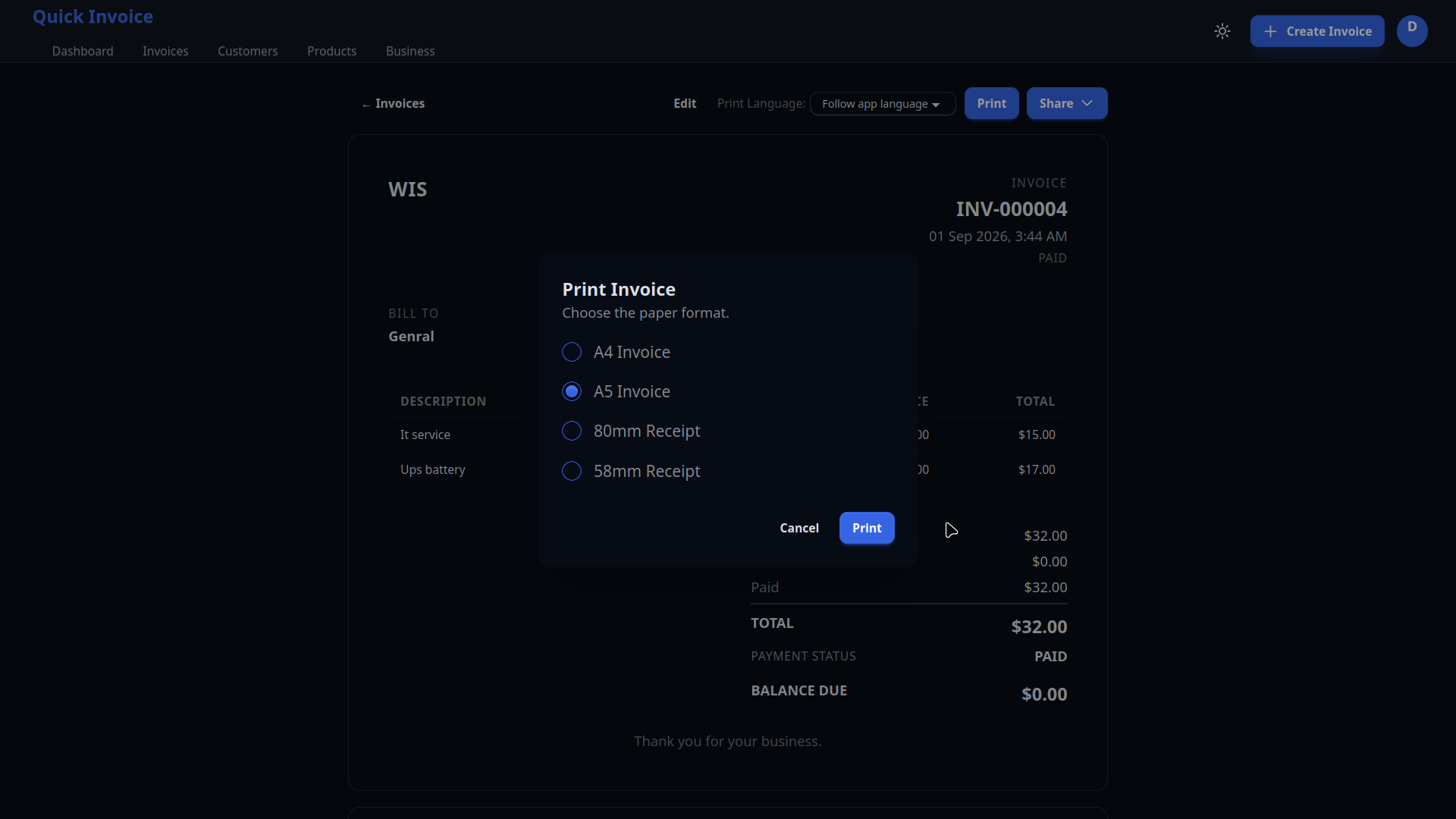 Print preview of a professional invoice